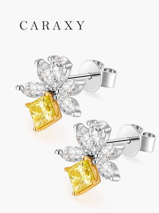 CARAXY Princess Cut Yellow Lab Grown Diamond Stud Earrings – Cubic Yellow Diamond & White Diamond Cluster Studs – 18K White Gold Luxury Jewelry.ED073-Y
