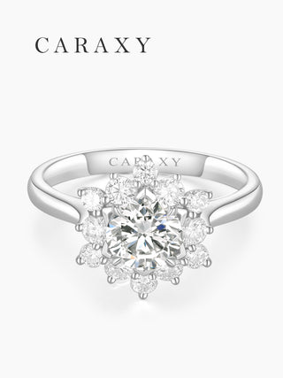CARAXY Lab-Created Sunflower Diamond Ring | Custom Snow Lotus Halo Engagement Ring with Floral Radiance.  AJ192-W