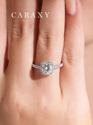 CARAXY Lab-Created 1 Carat Princess-Cut Diamond Ring | Dual Harmony Square Halo Engagement Wedding Band.AJ195-W