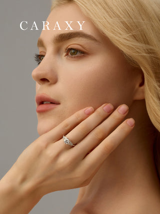 CARAXY Lab-Created Three-Life Diamond Ring | 18K Gold Inspired Halo Engagement Ring with Nature’s Poetry. AR012-W