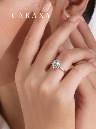 CARAXY Lab-Created Sunflower Diamond Ring | Custom Snow Lotus Halo Engagement Ring with Floral Radiance.  AJ192-W