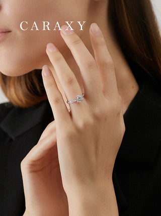 Woman-wear-Half-Pavé Six-Prong-Lab-Diamond-Engagement-Ring-Caraxy