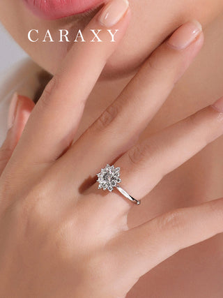 CARAXY Lab-Created Sunflower Diamond Ring | Custom Snow Lotus Halo Engagement Ring with Floral Radiance.  AJ192-W
