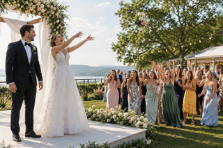 Bride tossing her bouquet at an outdoor wedding with bridesmaids in the background