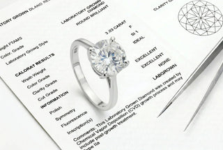 Lab-grown diamond ring with certification report showing diamond grades and 4C standards