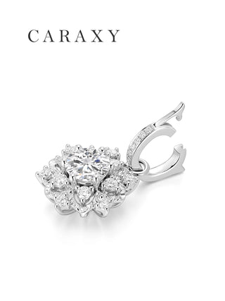 Bail detail of a 0.5 ct snowflake-inspired diamond necklace with a round center stone and halo-style setting.