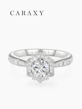 Top view of a 1 carat floral halo diamond ring in a nature-inspired setting.