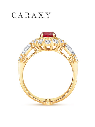 Profile view of an 18K yellow gold ruby ring with round and marquise lab grown diamonds