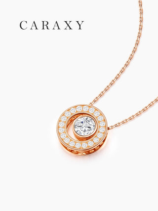 18K rose gold lab grown diamond pendant necklace with a round center diamond and circular halo design.