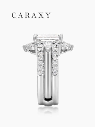 Side profile of the three stone diamond ring highlighting the secure prong setting and pavé-set wedding band.