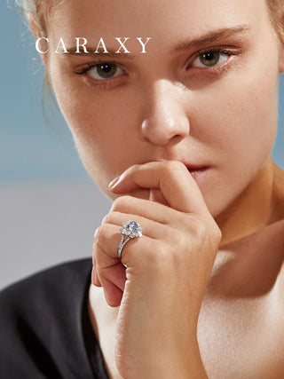 Model wearing the 1ct heart shaped blue diamond engagement ring on her finger.