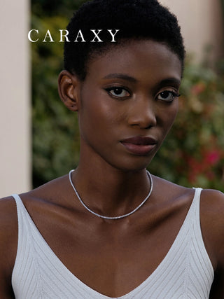 Model wearing a lab grown 5.5-carat diamond tennis choker necklace.