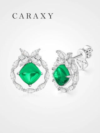 CARAXY sugarloaf emerald and diamond butterfly stud earrings in 18K white gold