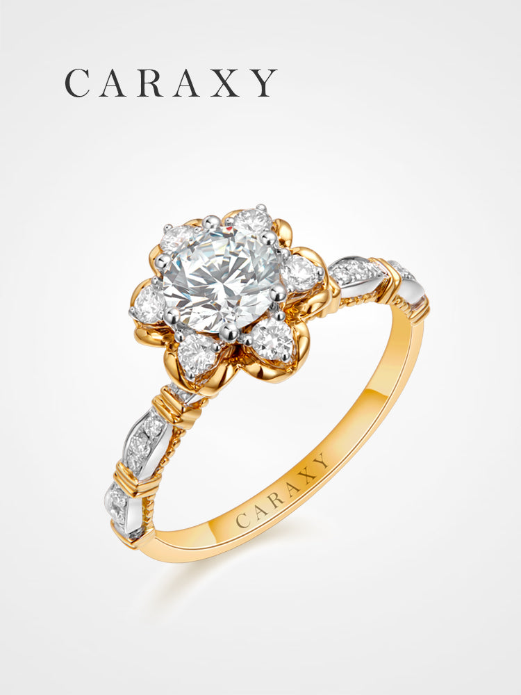 45-degree angle studio shot of the 18K two-tone gold ring emphasizing the milgrain decorative band.