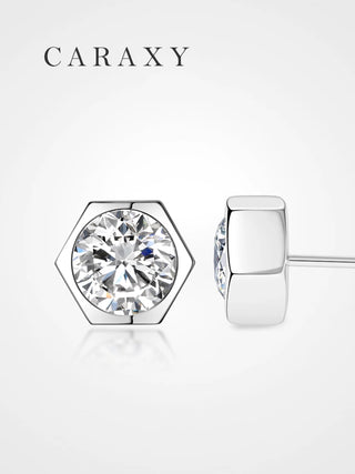 Frontal view of the round lab diamond in a hexagonal bezel next to its side profile.