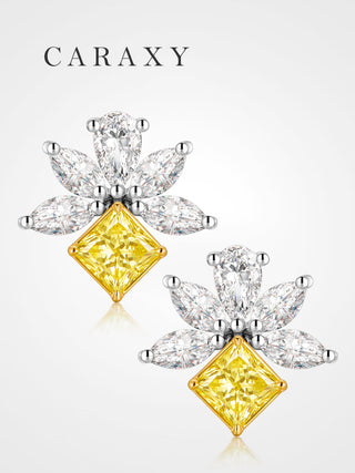 CARAXY Princess Cut Yellow Lab Grown Diamond Stud Earrings – Cubic Yellow Diamond &amp; White Diamond Cluster Studs – 18K White Gold Luxury Jewelry.ED073-Y