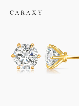 CARAXY Six Prong Diamond Stud Earrings Yellow 18K Gold Grown Diamonds ED050