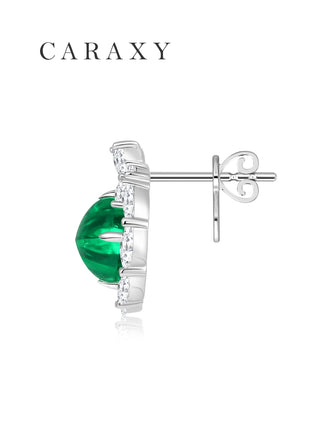 Side profile of 18K white gold sugarloaf emerald butterfly stud earring with diamond accents
