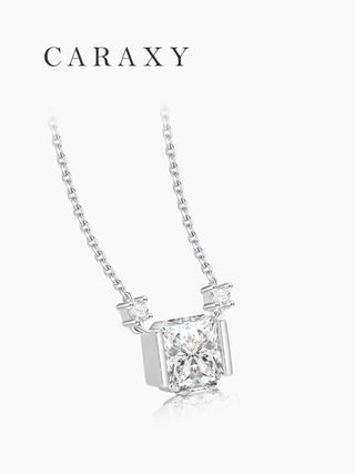 Side profile of radiant cut lab grown diamond necklace showing the depth of the 18K gold setting.