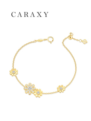 Full product shot of the Caraxy floral diamond bracelet, emphasizing the sparkling center of each daisy.