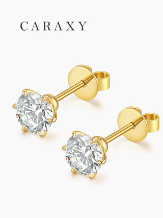 CARAXY Six Prong Diamond Stud Earrings Yellow 18K Gold Grown Diamonds ED050