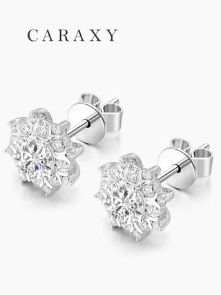 CARAXY Blossom Diamond Stud Earrings –Lab-Grown Diamonds – 18K White Gold Pave Cluster – Snowflake-Inspired Halo Design.ED074-W
