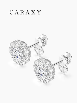 Pair of floral cluster diamond earrings with Au750 (18K) hallmark and decorative butterfly backings.