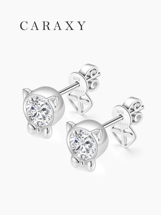 Pair of 18K white gold cat-shaped lab diamond stud earrings with butterfly backs by Caraxy.
