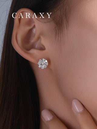 Detailed shot of the floral halo lab diamond earring on ear, highlighting the cluster's light-catching effect.