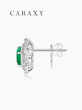 Side view of Asscher cut emerald stud earrings showing 4-prong setting, open gallery, and butterfly push back closure.