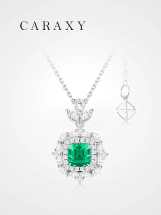 Asscher-cut emerald gemstone and lab grown diamond pendant necklace in 18K white gold