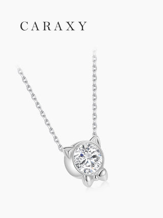 Bezel set cat diamond necklace detail in white gold with round lab grown diamond.