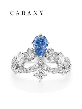 Top view of a luxury lab-grown blue diamond tiara ring with a unique statement design.