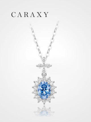 blue sunflower halo lab grown diamond pendant necklace in 18k white gold