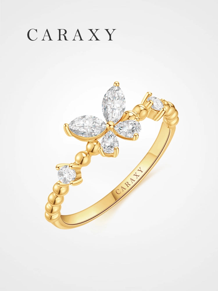 18K yellow gold butterfly ring with pear, marquise, and round lab-grown diamonds