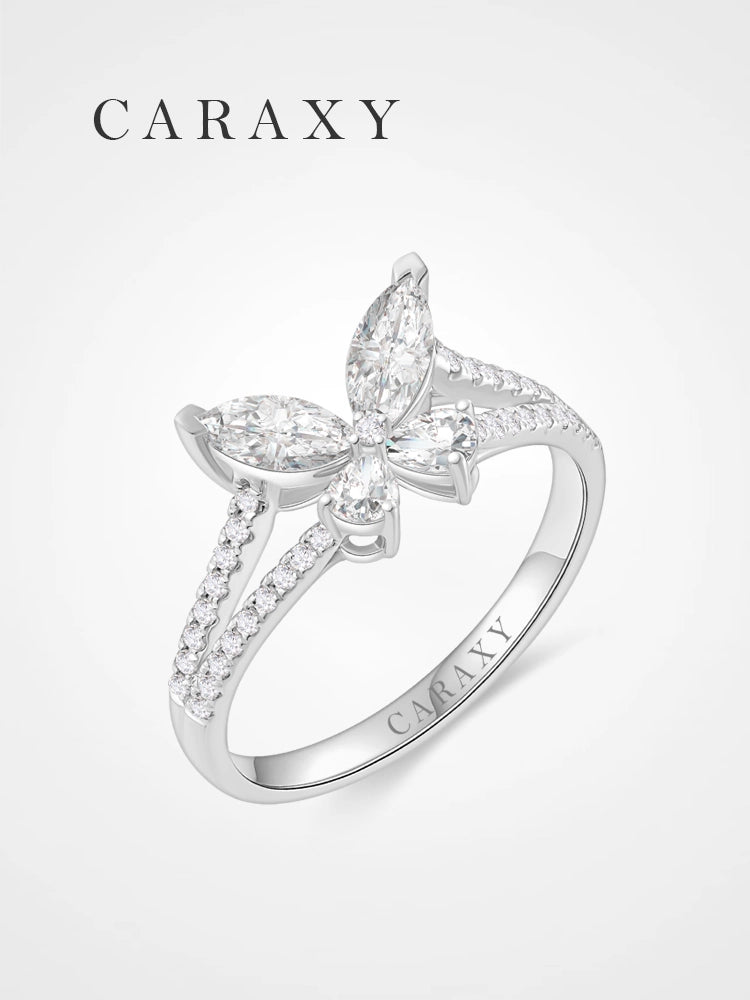 Lab grown diamond butterfly shank ring in white gold CARAXY