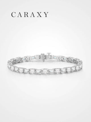 Front view of an 18K white gold tennis bracelet with alternating emerald-cut and round lab-grown diamonds