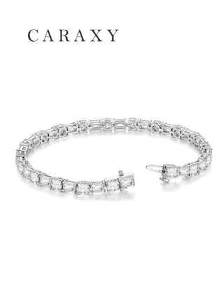 Open view of an 18K white gold lab-grown diamond tennis bracelet with a concealed box clasp