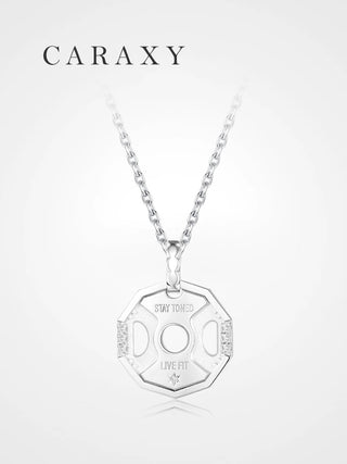 Front view of a sterling silver weight plate pendant necklace with round lab-grown diamonds