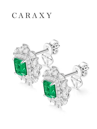 CARAXY Leaf Series emerald stud earrings with Asscher cut lab created emeralds and dimensional diamond halos.