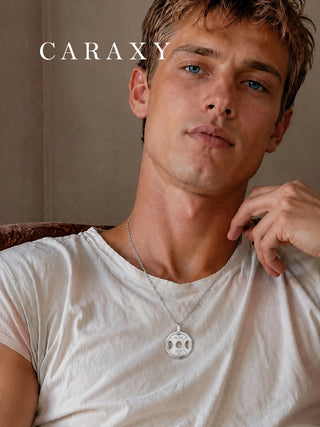 Man wearing a sterling silver lab-grown diamond weight plate pendant necklace