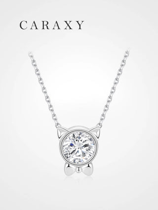 Cat diamond pendant necklace in 18k white gold with bezel set lab grown diamond, front view.