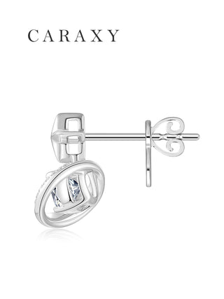Side view of celestial diamond earrings with a pavé orbit frame and secure post backing.