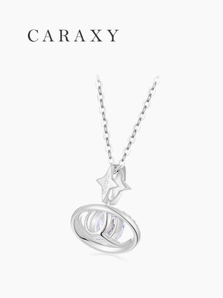 Back view of a celestial diamond necklace in 18K white gold, showing the orbit-inspired setting and modern open structure.