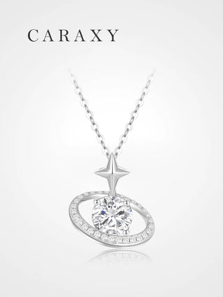 Celestial round diamond pendant necklace in 18K white gold with a 1 carat lab grown center stone and orbit-like halo.