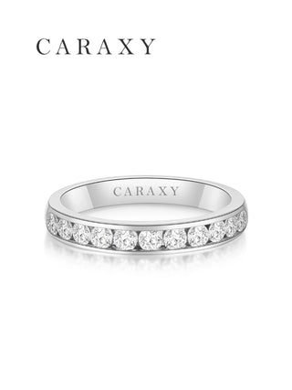 Front view of a lab grown diamond channel set wedding band with a half eternity design