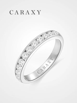 Angled view of a lab grown diamond channel set wedding band
