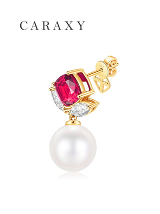 Cushion-cut red gemstone earring with marquise diamonds and a 9mm freshwater pearl