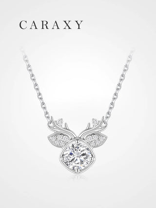 Lab grown diamond deer antler necklace with a round brilliant center stone and nature-inspired design in white metal.