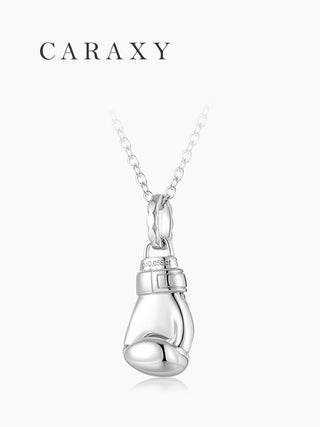 Detail view of diamond boxing glove pendant necklace showing sporty glove-inspired design.